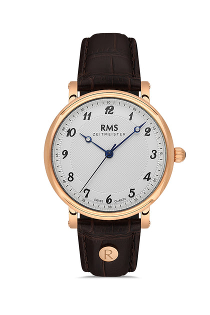 RMS Zeitmeister Silver Dial Rose Gold Plated Men's Watch - Brown Genuine Leather Strap - RMS.1.AG1558.16