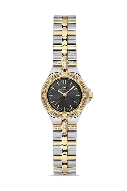 RMS Zeitmeister Black Dial Gold & Silver Plated Women's Watch - Stainless Steel Bracelet - RMS.1.AG1563.06