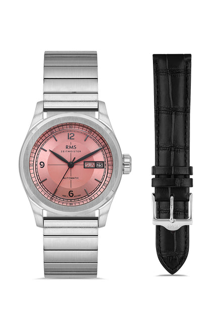 RMS Zeitmeister Salmon Dial Silver Plated Men's Watch - Genuine Leather Strap - RMS.1.AG1582.05