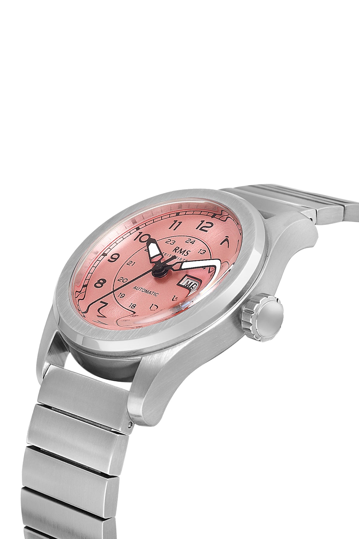 RMS Zeitmeister RMS.1.AG1582.10 men's watch with salmon dial, silver case and genuine leather strap – angled view