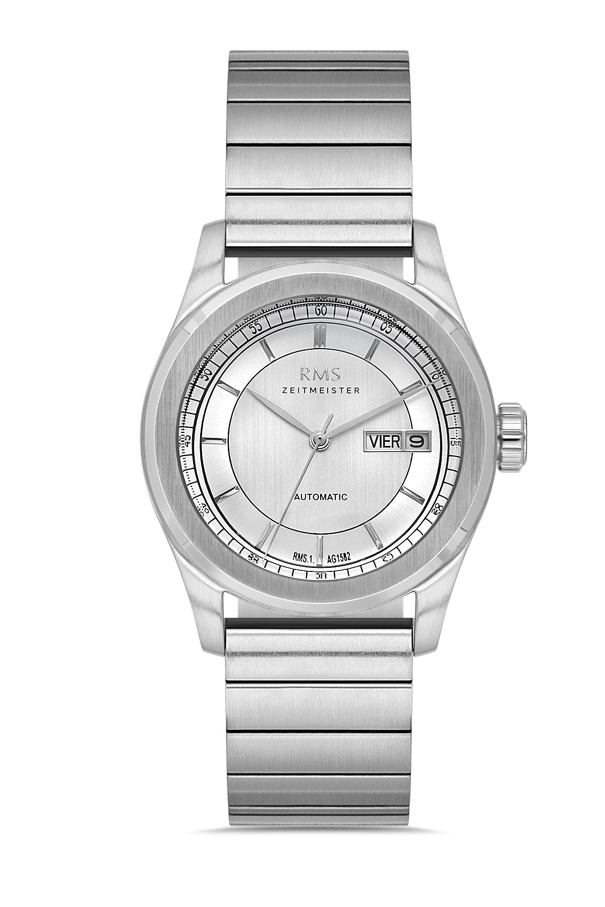 RMS Zeitmeister RMS.1.AG1582.11 men's watch with silver dial, silver case and genuine leather strap