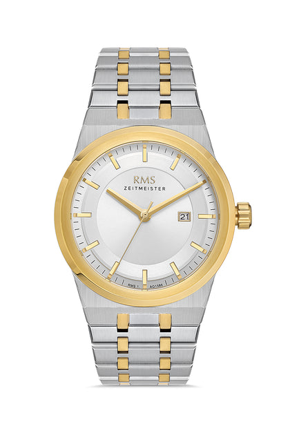 RMS Zeitmeister Silver Dial Gold & Silver Plated Men's Watch - Stainless Steel Bracelet - RMS.1.AG1586.09