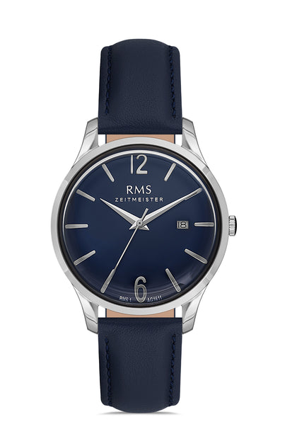RMS Zeitmeister Blue Dial Silver Plated Men's Watch - Blue Genuine Leather Strap - RMS.1.AG1611.02
