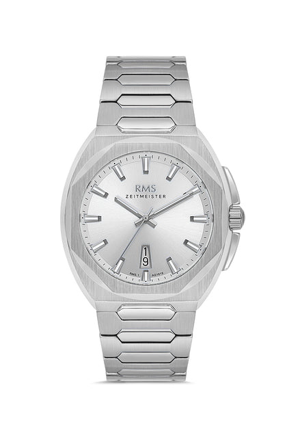 RMS Zeitmeister Silver Dial Silver Plated Men's Watch - Stainless Steel Bracelet - RMS.1.AG1619.01