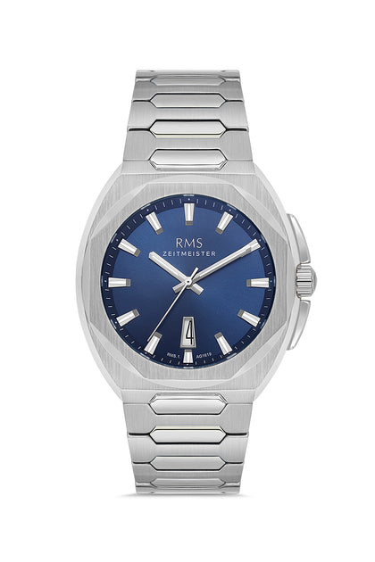 RMS Zeitmeister Blue Dial Silver Plated Men's Watch - Stainless Steel Bracelet - RMS.1.AG1619.02