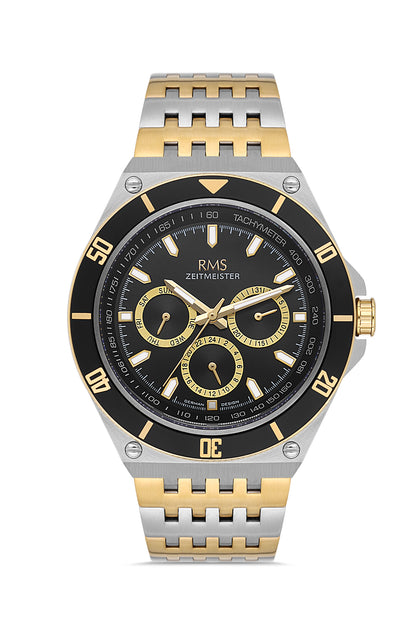 RMS Zeitmeister Black Dial Gold & Silver Plated Men's Watch - Stainless Steel Bracelet - RMS.1.AG1409.09