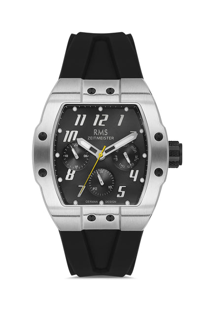 RMS Zeitmeister Black Dial Silver Plated Men's Watch - Black Silicone Strap - RMS.1.AG1643.04
