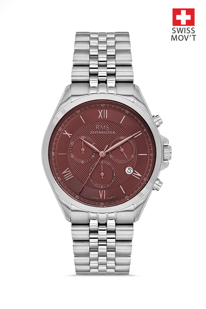 RMS Zeitmeister Brown Dial Silver Plated Men's Watch - Stainless Steel Bracelet - RMS.1.AG1598.06