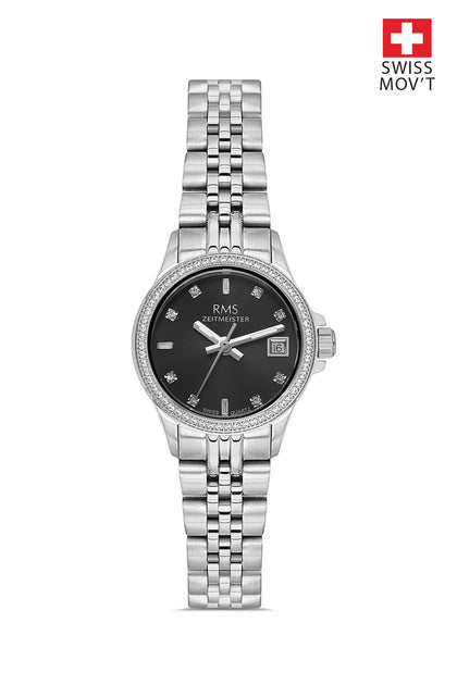 RMS Zeitmeister Black Dial Silver Plated Women's Watch - Stainless Steel Bracelet - RMS.1.AG1604.02