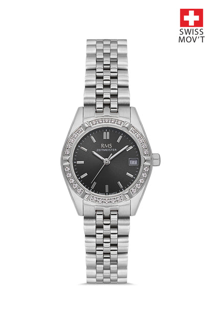 RMS Zeitmeister Black Dial Silver Plated Women's Watch - Stainless Steel Bracelet - RMS.1.AG1605.02