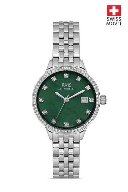 RMS Zeitmeister Green Dial Silver Plated Women's Watch - Stainless Steel Bracelet - RMS.1.AG1606.03