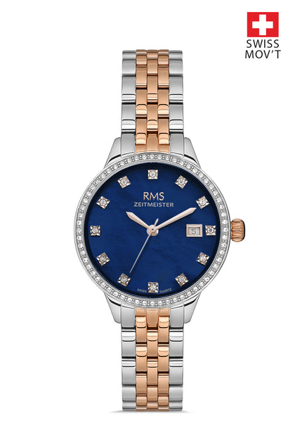 RMS Zeitmeister Blue Dial Two-Tone Rose Plated Women's Watch - Stainless Steel Bracelet - RMS.1.AG1606.07