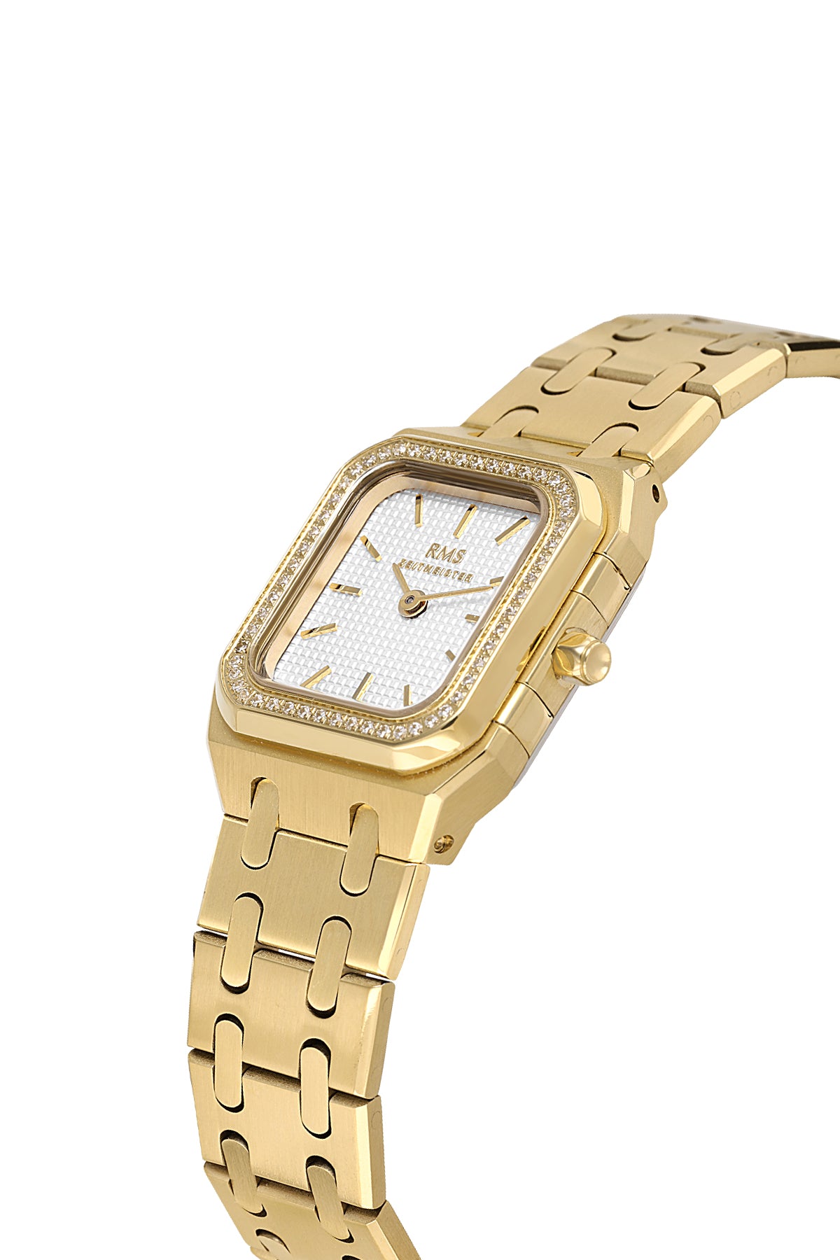 RMS Zeitmeister RMS.1.AG1581.06 women's watch with silver dial, gold case and stainless steel bracelet – angled view