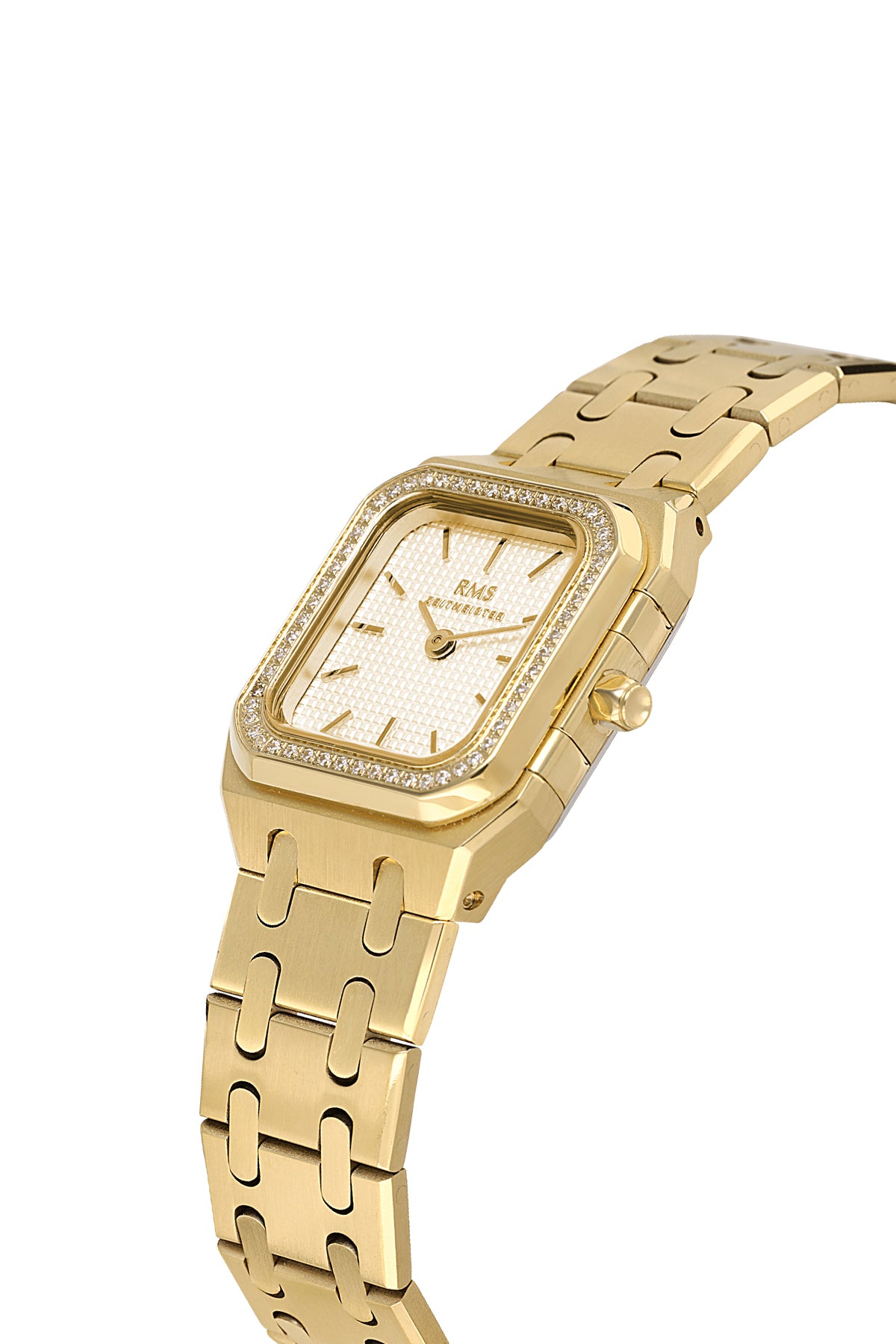 RMS Zeitmeister RMS.1.AG1581.07 women's watch with gold dial, gold case and stainless steel bracelet – angled view