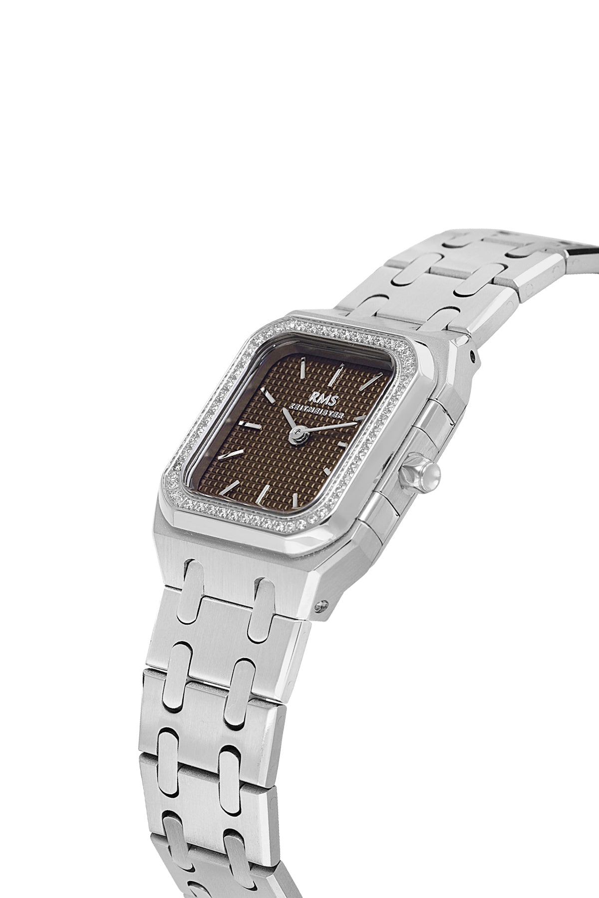 RMS Zeitmeister RMS.1.AG1581.09 women's watch with brown dial, silver case and stainless steel bracelet – angled view