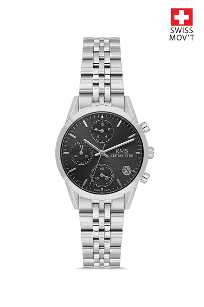RMS Zeitmeister Black Dial Silver Plated Women's Watch - Stainless Steel Bracelet - RMS.1.AG1594.02