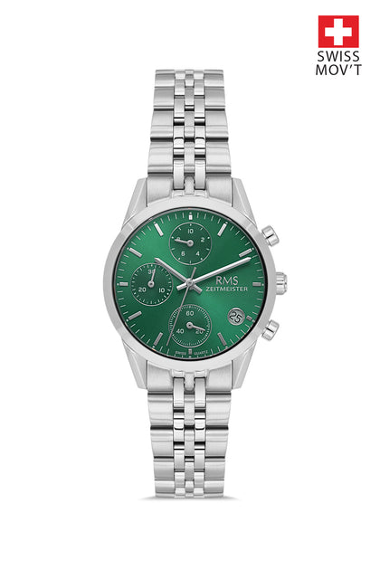 RMS Zeitmeister Green Dial Silver Plated Women's Watch - Stainless Steel Bracelet - RMS.1.AG1594.04
