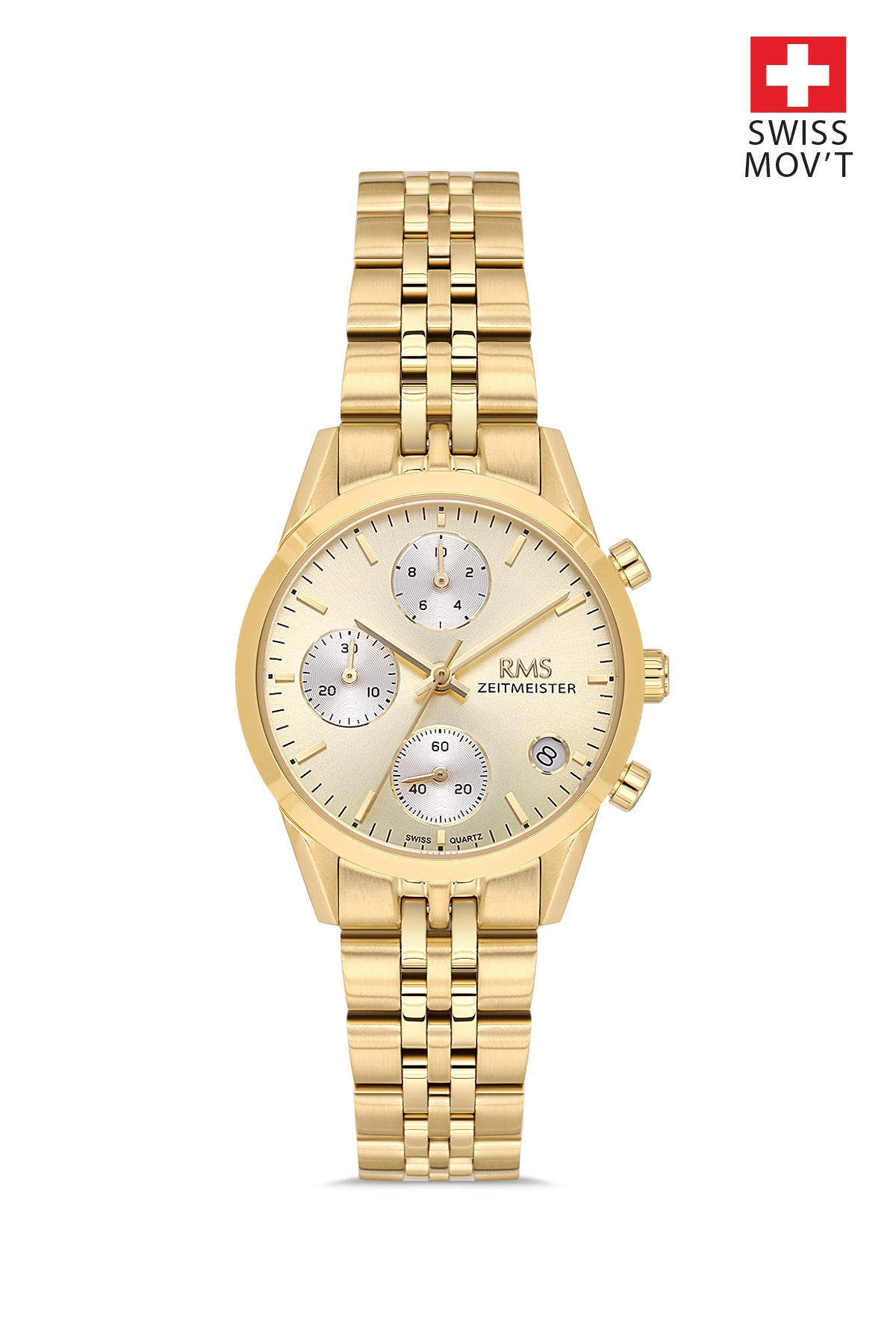 RMS Zeitmeister RMS.1.AG1594.10 women's watch with gold dial, gold case and stainless steel bracelet