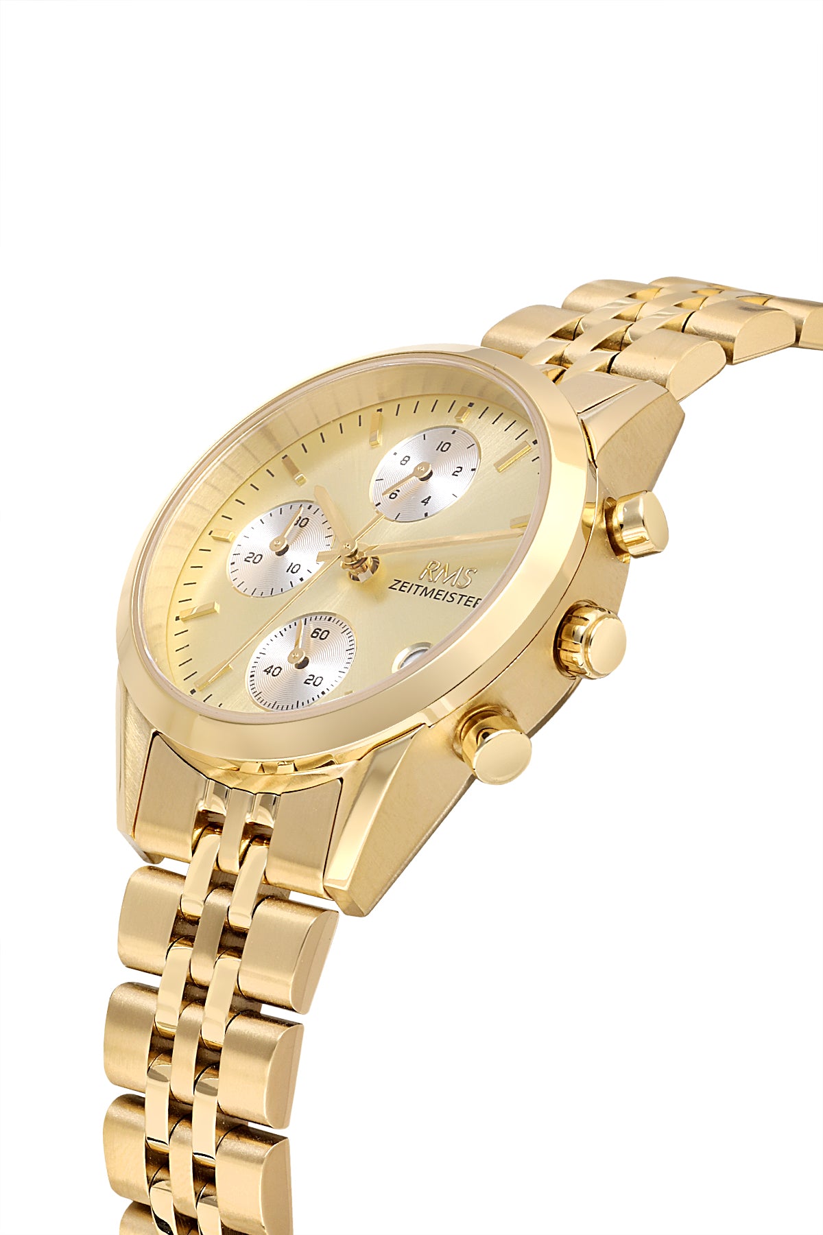 RMS Zeitmeister RMS.1.AG1594.10 women's watch with gold dial, gold case and stainless steel bracelet – angled view