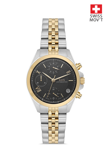 RMS Zeitmeister Black Dial Gold & Silver Plated Women's Watch - Stainless Steel Bracelet - RMS.1.AG1599.10