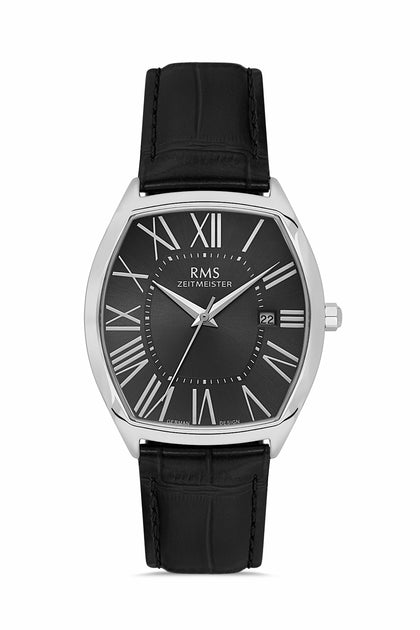 RMS Zeitmeister Black Dial Silver Plated Men's Watch - Black Genuine Leather Strap - RMS.1.AG1627.03