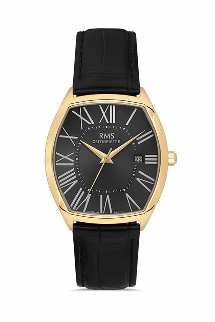 RMS Zeitmeister Black Dial Gold Plated Men's Watch - Black Genuine Leather Strap - RMS.1.AG1627.06
