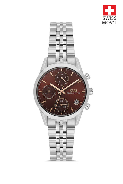 RMS Zeitmeister Brown Dial Silver Plated Women's Watch - Stainless Steel Bracelet - RMS.1.AG1594.06
