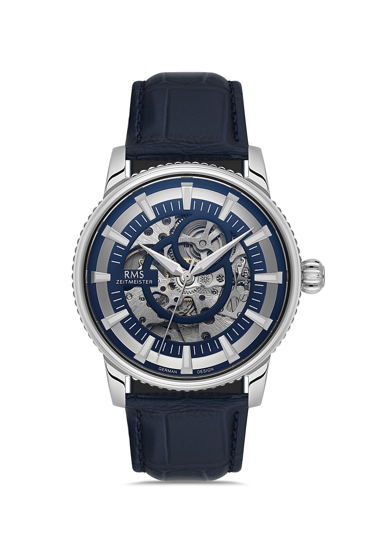 RMS Men's Blue Dial Silver Leather Strap Watch - RMS.1.AG1640.04