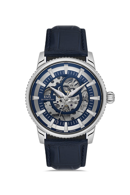 RMS Zeitmeister Blue Dial Silver Plated Men's Watch - Blue Genuine Leather Strap - RMS.1.AG1640.04