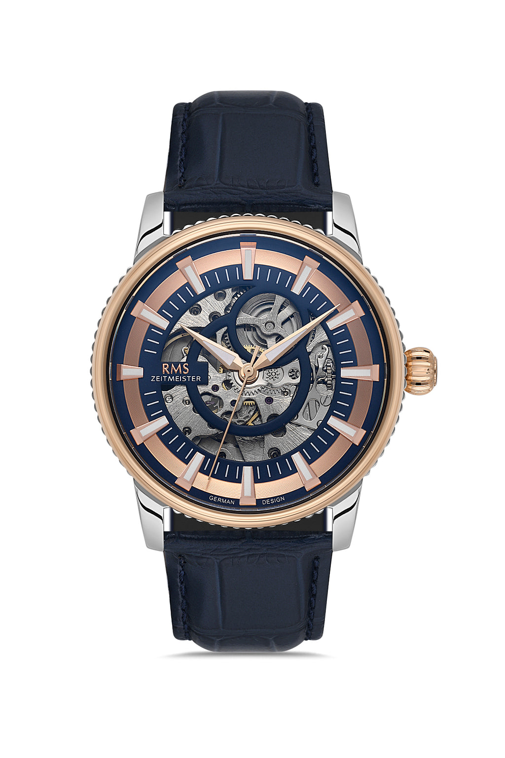 Blue Metallic Rms RMS Men's Blue Dial Rose Gold & Silver Leather Strap Watch - RMS.1.AG1