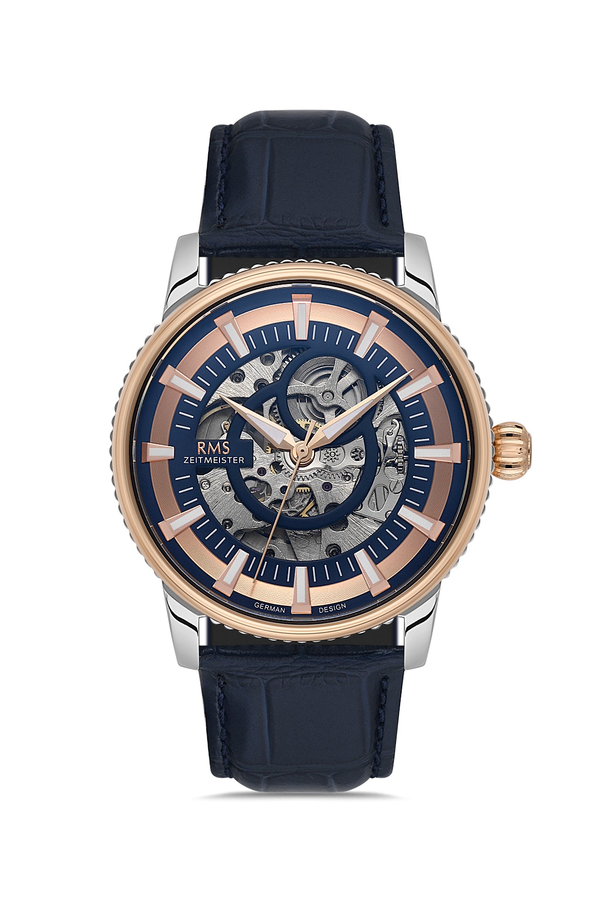 RMS Men's Blue Dial Rose Gold & Silver Leather Strap Watch - RMS.1.AG1640.07