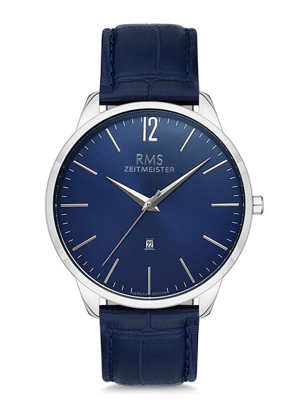 RMS Zeitmeister Blue Dial Silver Plated Men's Watch - Blue Genuine Leather Strap - RMS.1.AG1241.19