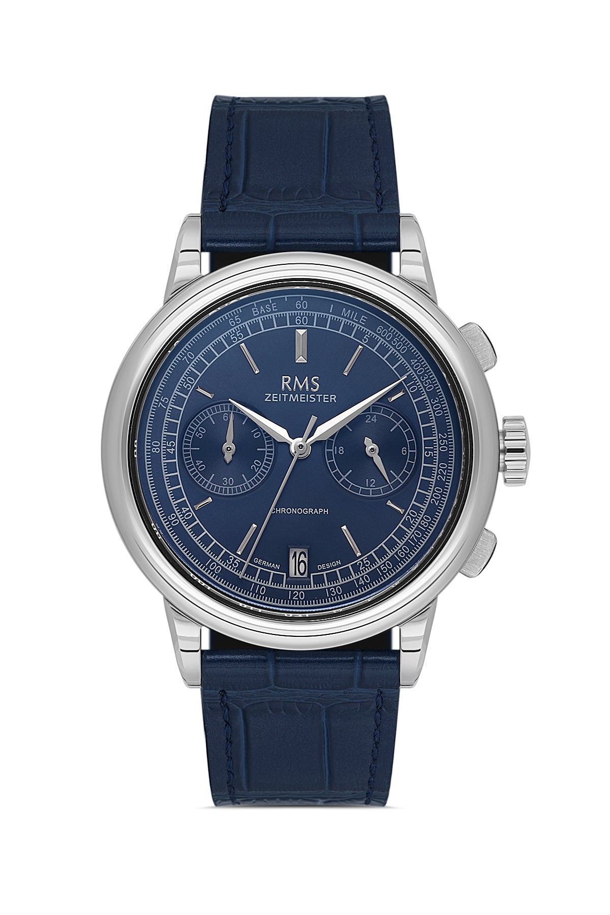 RMS Zeitmeister RMS.1.AG1624.12 men's watch with blue dial, silver case and genuine leather strap