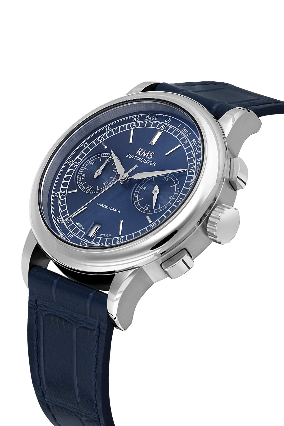 RMS Zeitmeister RMS.1.AG1624.12 men's watch with blue dial, silver case and genuine leather strap – angled view