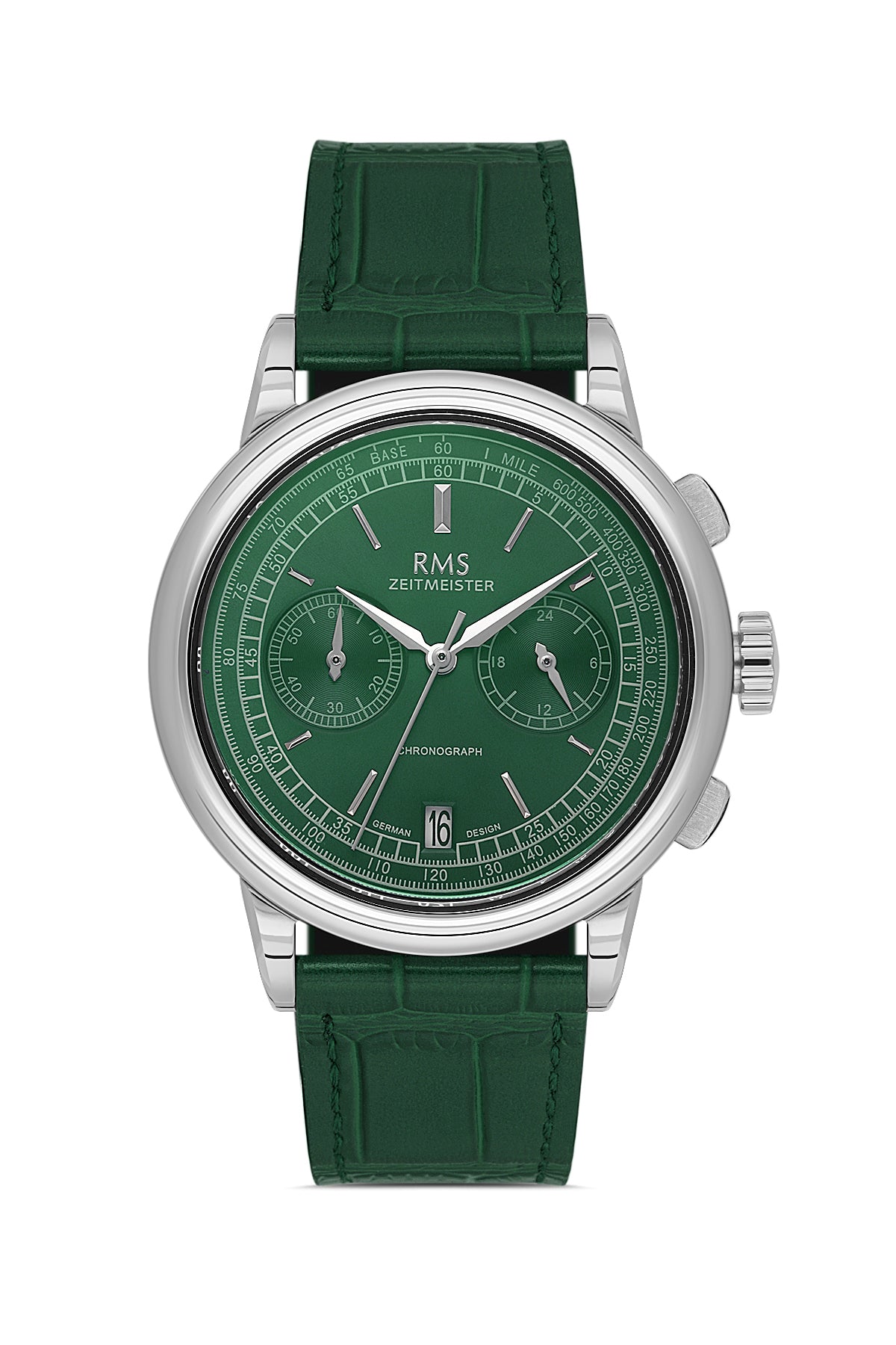 RMS Zeitmeister RMS.1.AG1624.14 men's watch with green dial, silver case and genuine leather strap