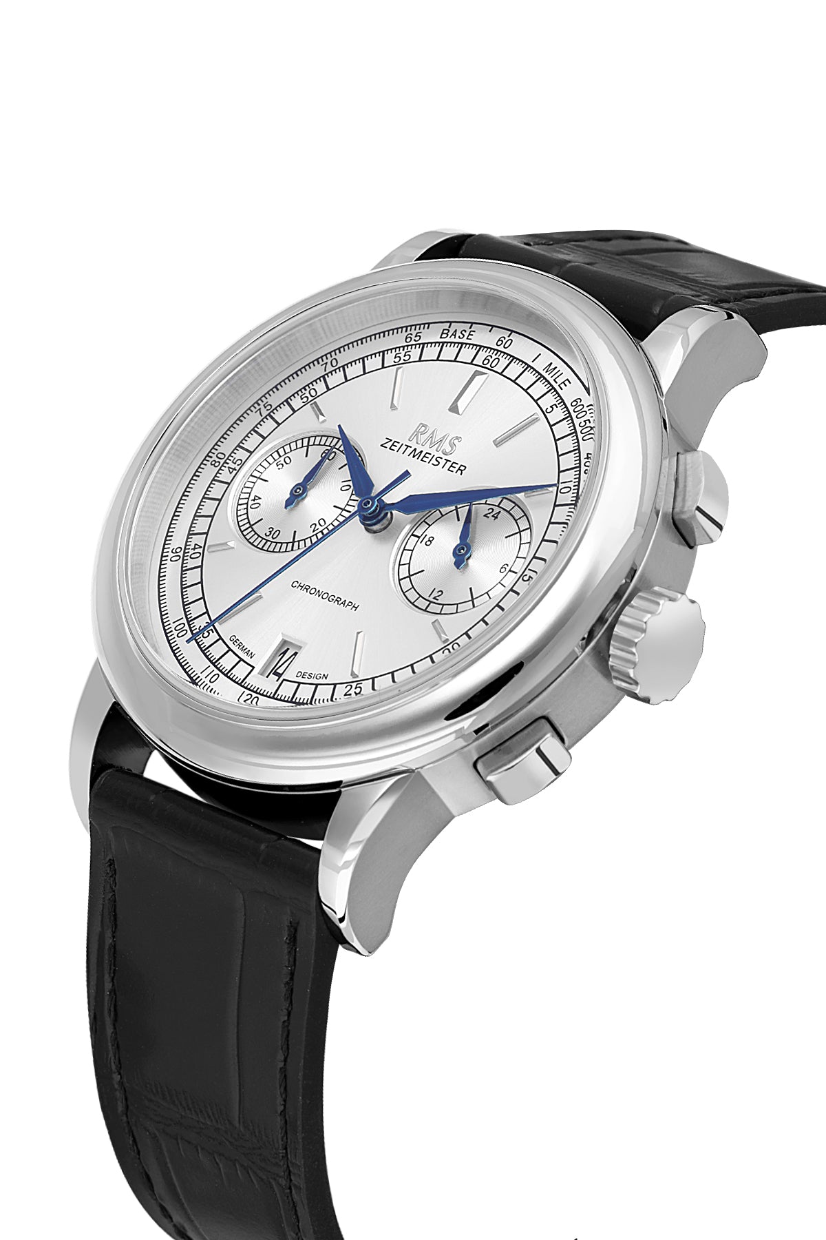 RMS Zeitmeister RMS.1.AG1624.9 men's watch with silver dial, silver case and genuine leather strap – angled view