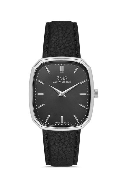RMS Zeitmeister Black Dial Silver Plated Men's Watch - Black Genuine Leather Strap - RMS.1.AG2048.02