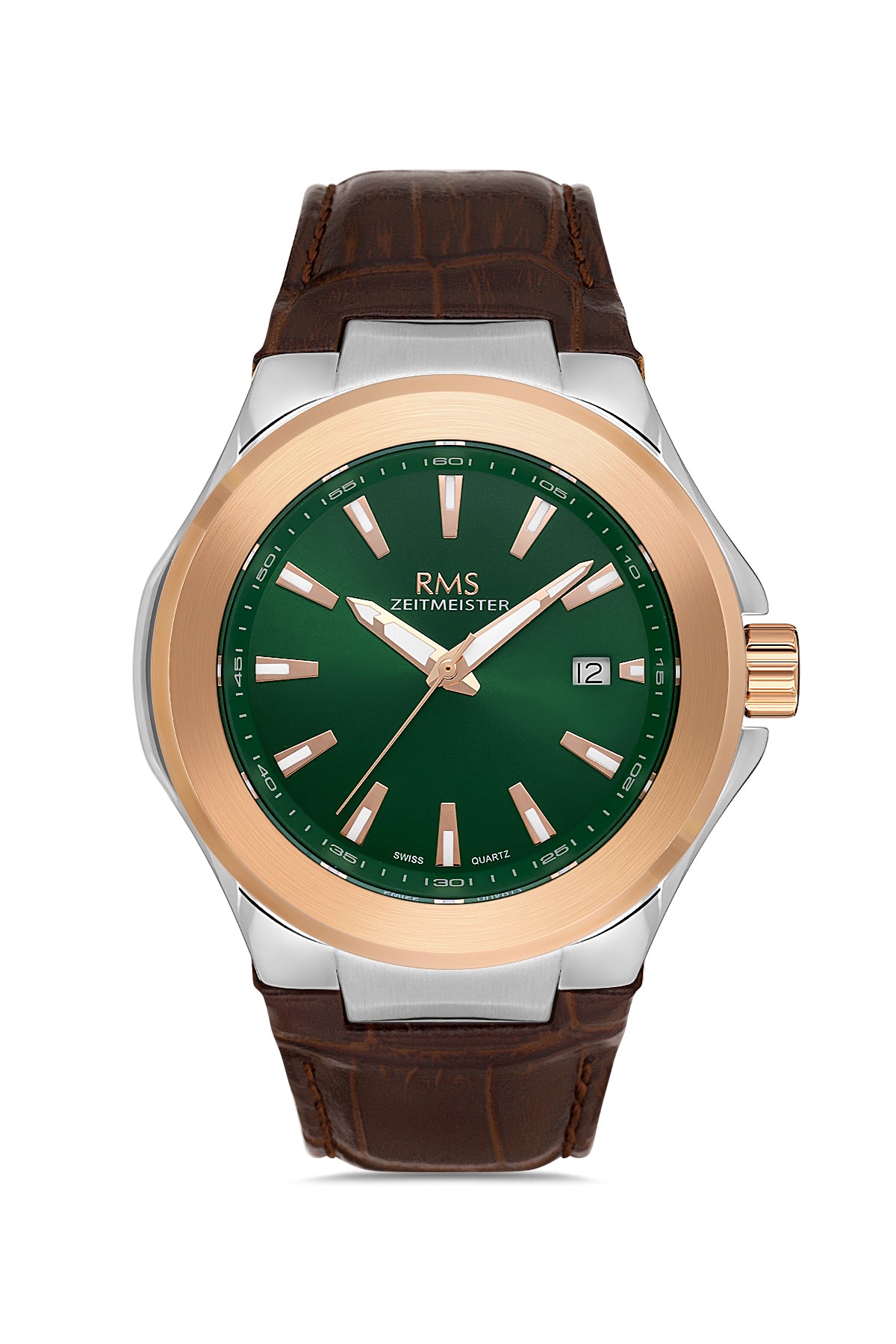 RMS Men's Green Dial Rose Gold & White Calendar Leather Watch - RMS.1.AG2071.01