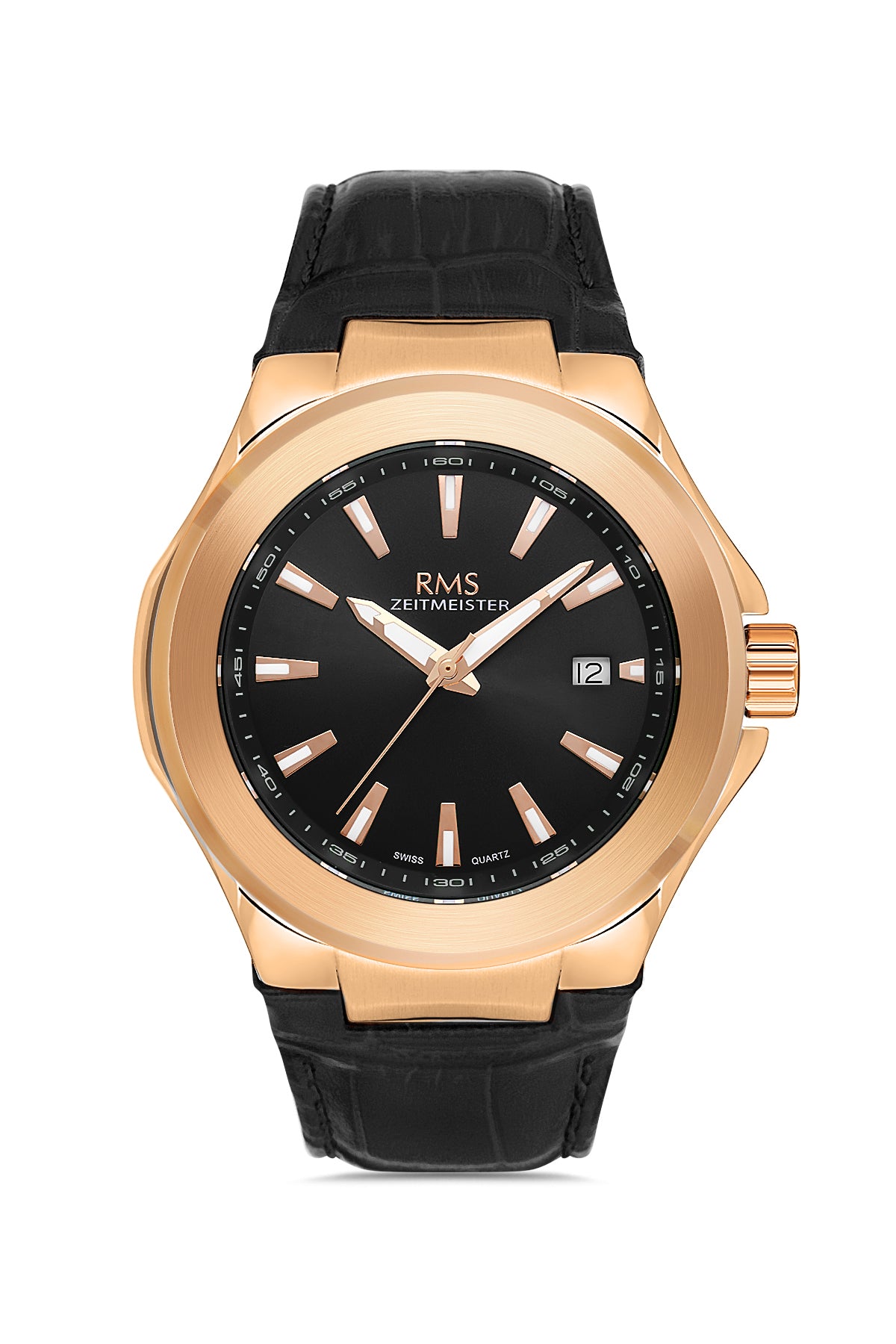 RMS Men's Black Dial Rose Gold Calendar Leather Watch - RMS.1.AG2071.02