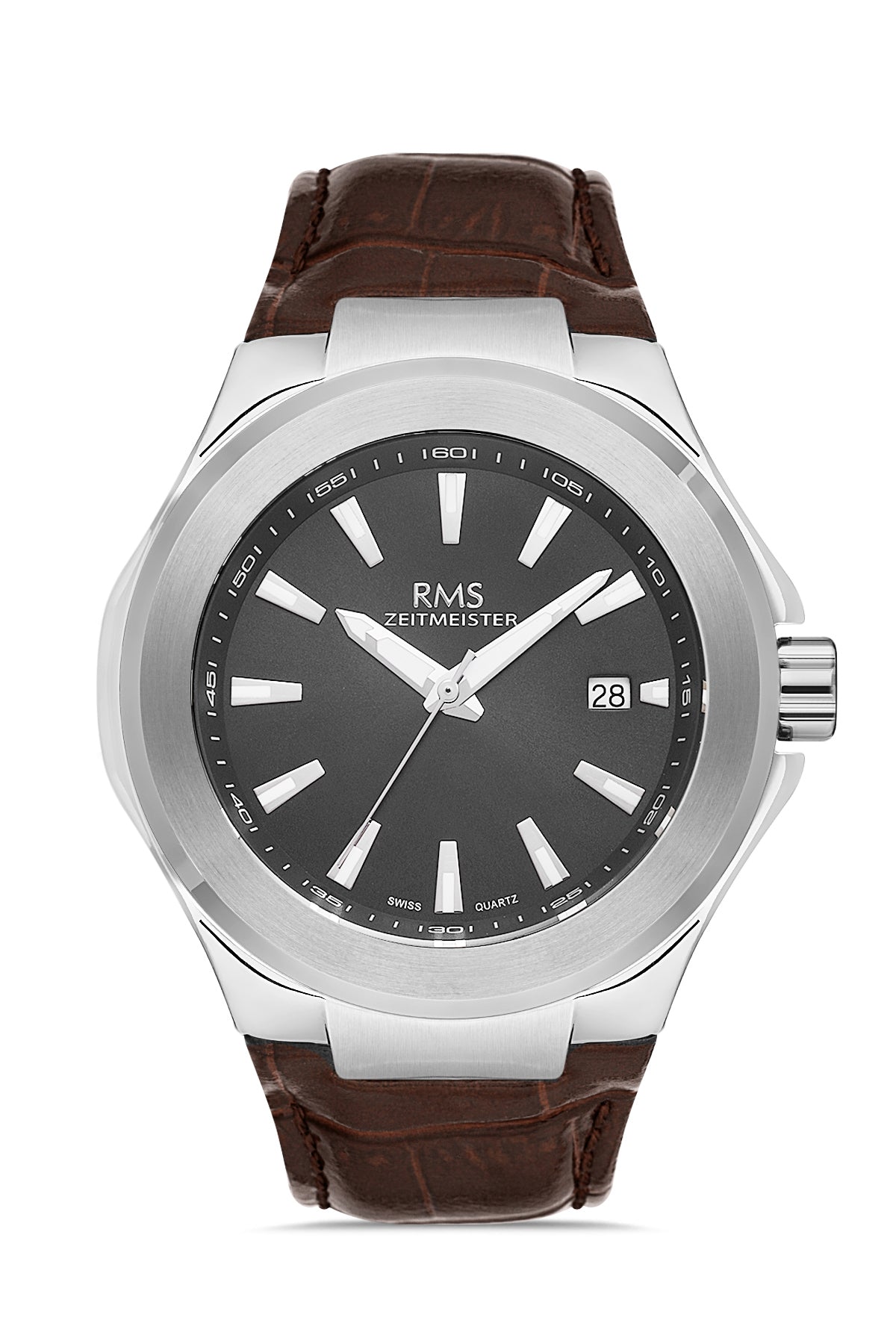 RMS Men's Gray Dial Silver Calendar Leather Watch - RMS.1.AG2071.03