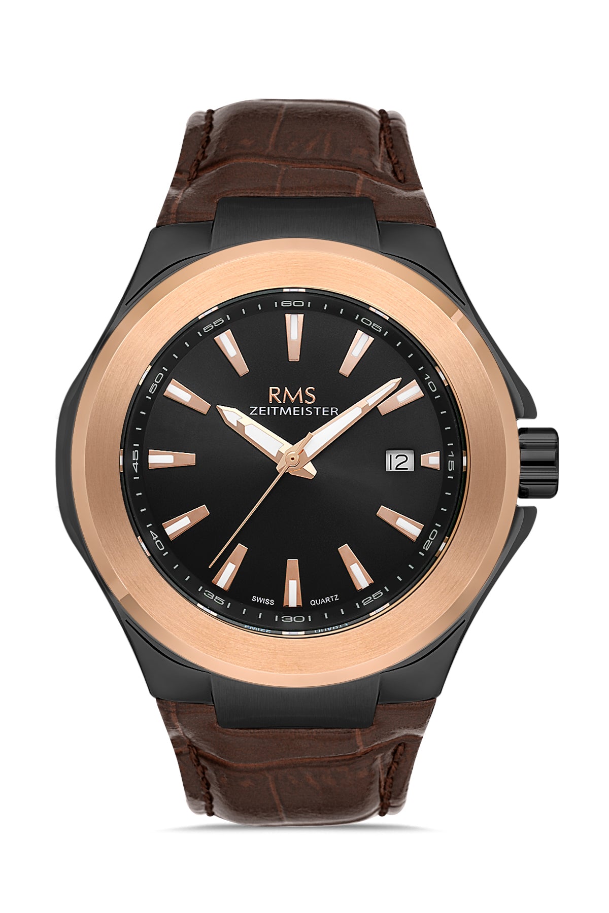 RMS Men's Black Dial Rose Gold & Black Calendar Leather Watch - RMS.1.AG2071.07