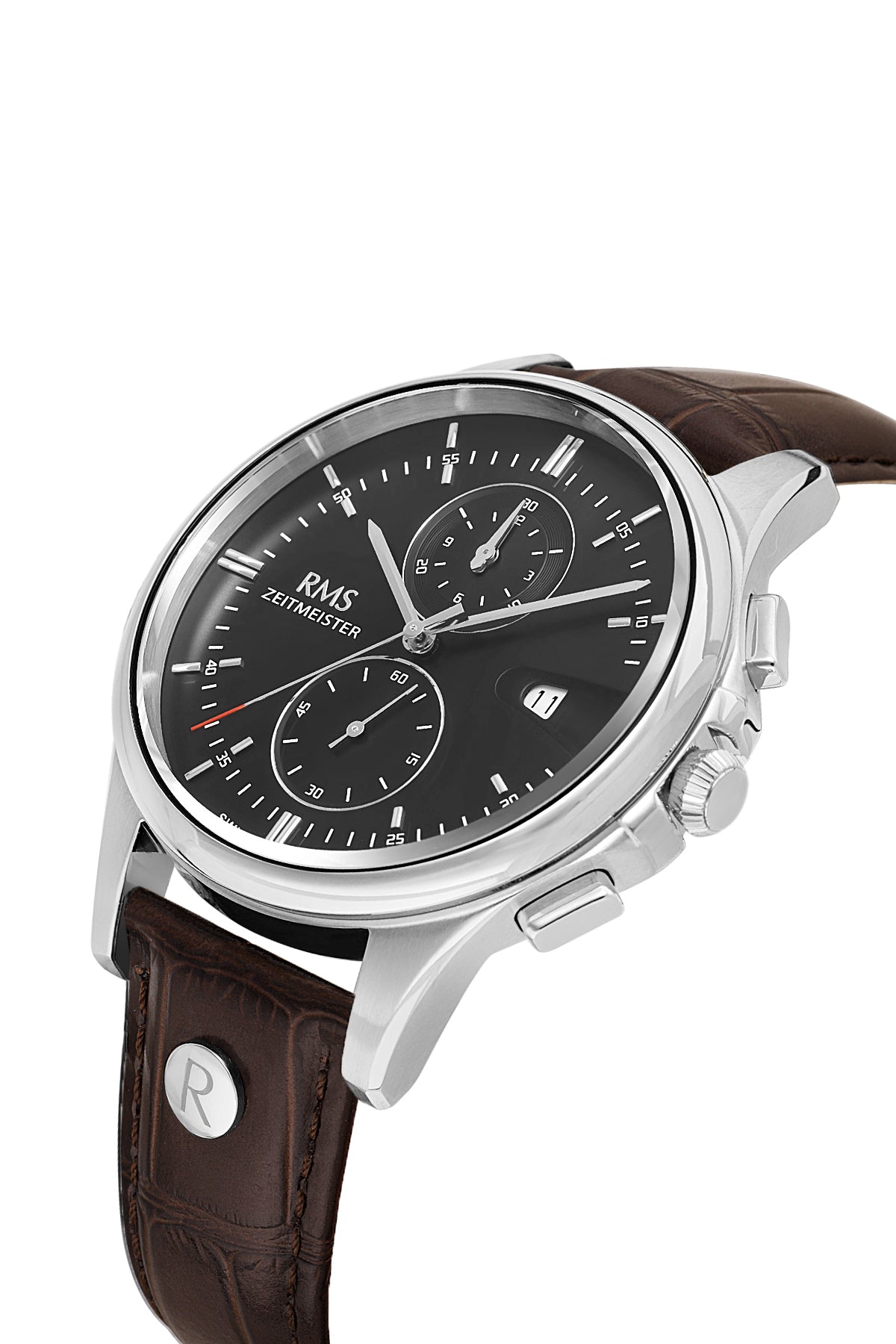 RMS Zeitmeister RMS.1.AG2075.02 men's watch with black dial, silver case and genuine leather strap – angled view