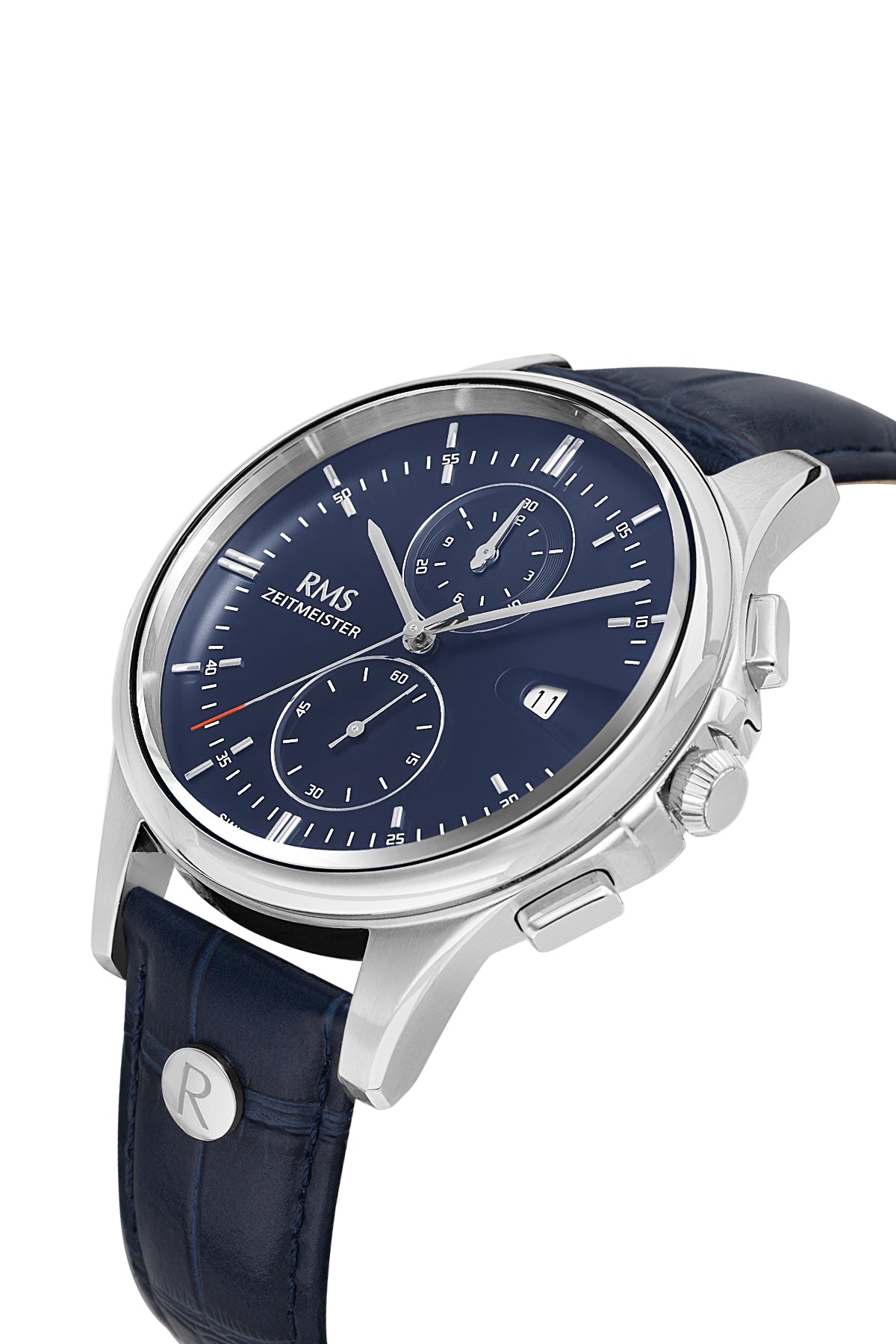 RMS Zeitmeister RMS.1.AG2075.03 men's watch with blue dial, silver case and genuine leather strap – angled view