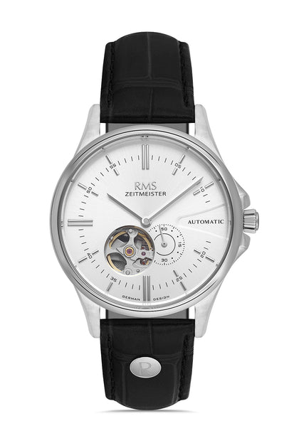 RMS Zeitmeister Silver Dial Silver Plated Men's Watch - Black Genuine Leather Strap - RMS.1.AG2077.01