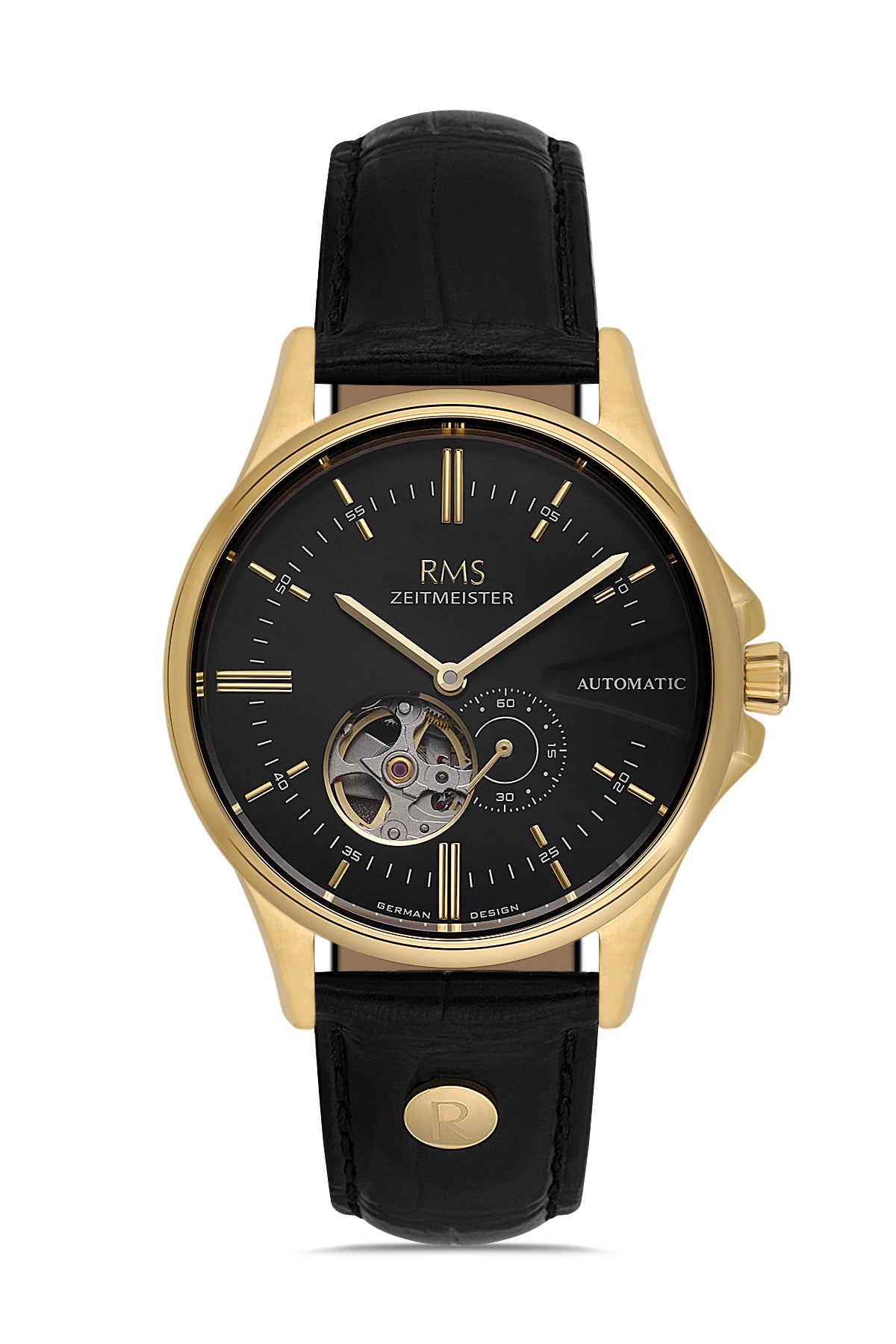 RMS Men's Black Dial Gold Leather Strap Watch - RMS.1.AG2077.05