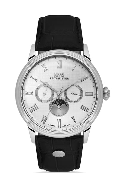 RMS Zeitmeister Silver Dial Silver Plated Men's Watch - Black Genuine Leather Strap - RMS.1.AG2078.01