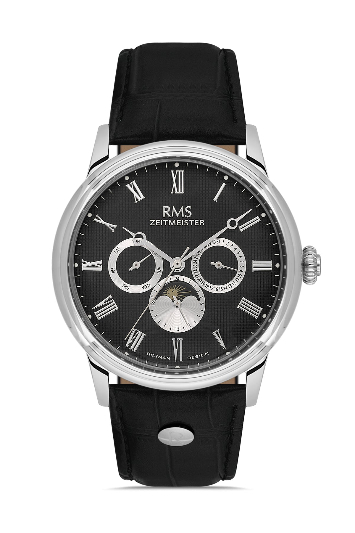 RMS Men's Black Dial Silver Leather Strap Watch - RMS.1.AG2078.02