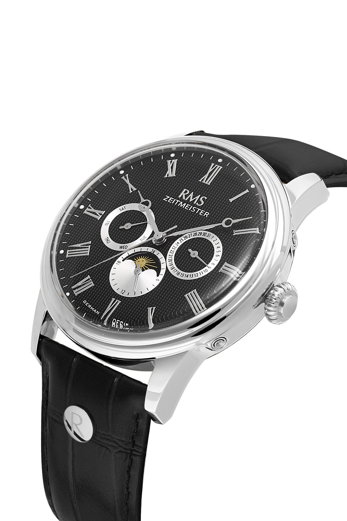 RMS Men's Black Dial Silver Leather Strap Watch - RMS.1.AG2078.02
