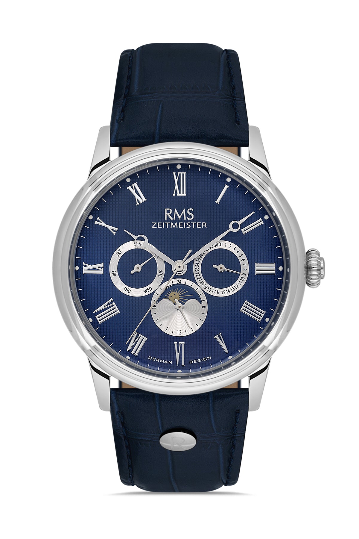 RMS Men's Blue Dial Silver Leather Strap Watch - RMS.1.AG2078.03