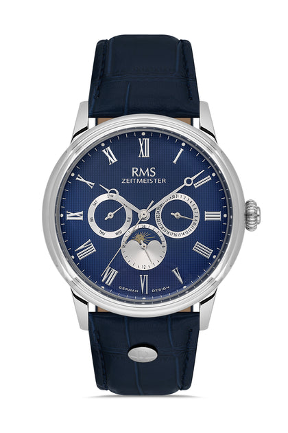 RMS Zeitmeister Blue Dial Silver Plated Men's Watch - Blue Genuine Leather Strap - RMS.1.AG2078.03